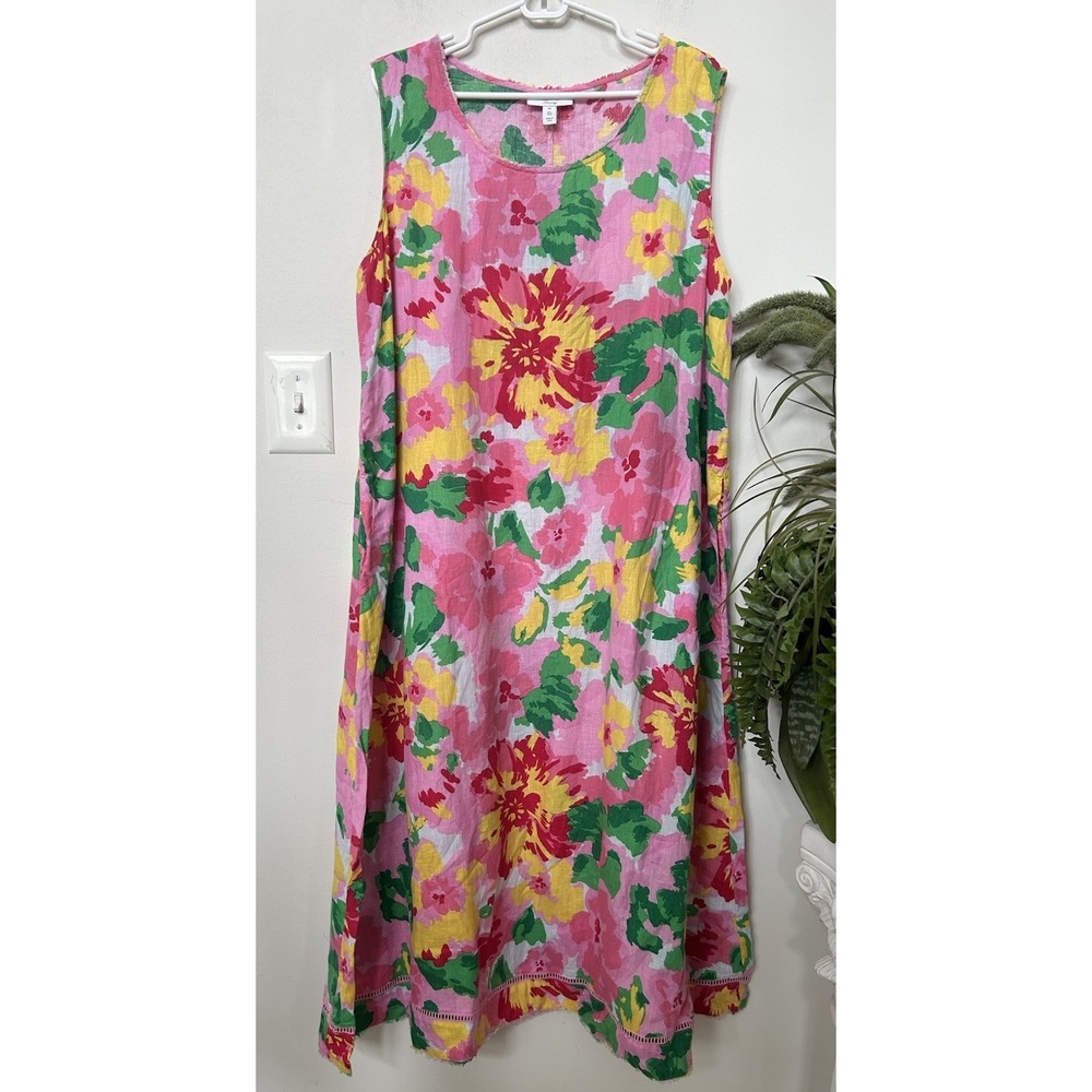 Charter Club Luxury Linen Dress Pink Floral Maxi A Line Pocket Coastal Resort 3X